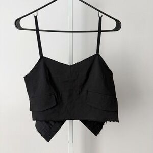 Vera Wang M Black Crop Top Raw Hem Deconstructed Camisole Tank Dark Academia